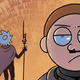 Rick and Morty wearing the stillsuits featured in Dune, amid the backdrop of Arrakis' sand dunes.